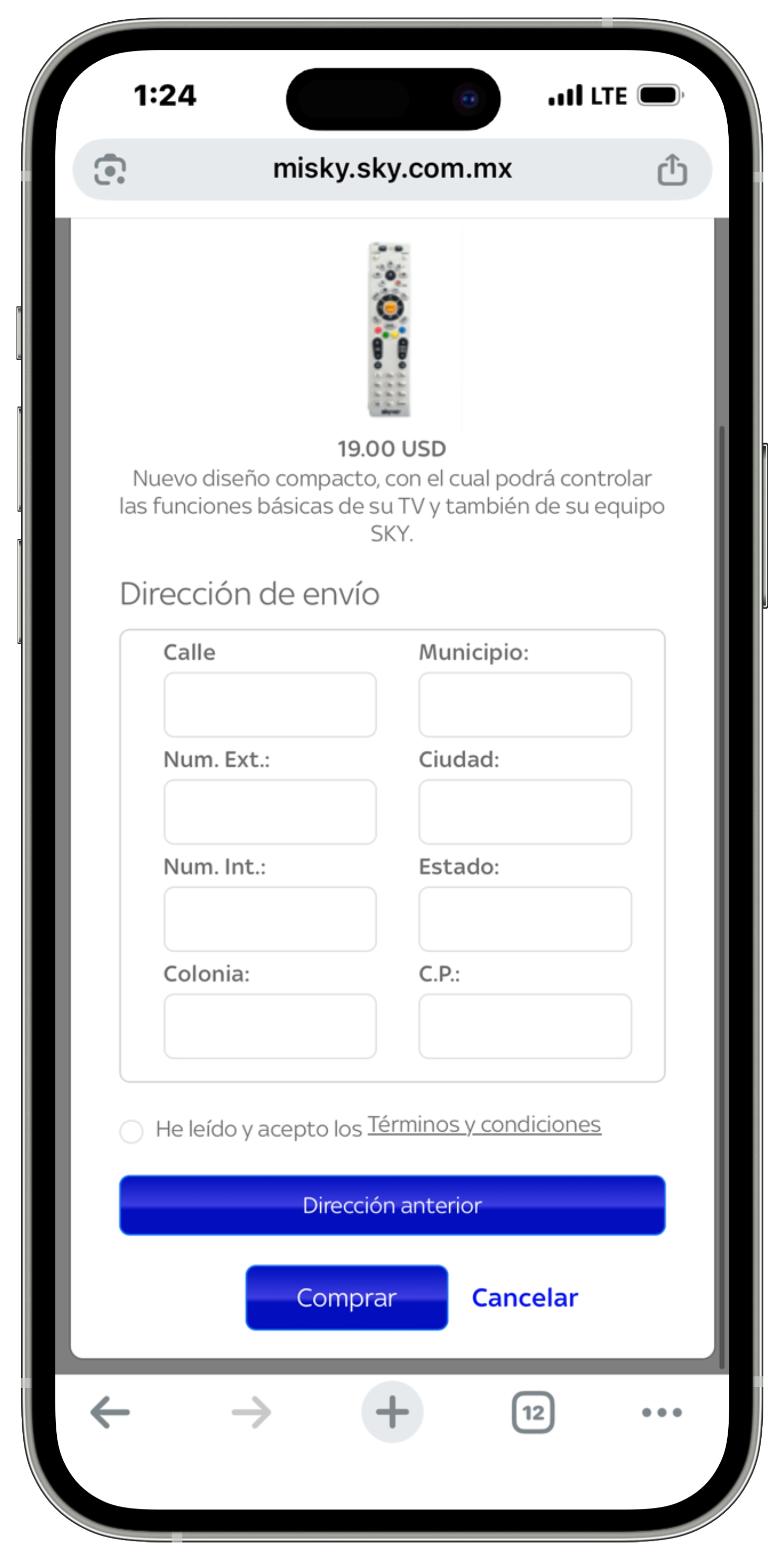 Mi Sky Centroamérica - Solicitud de compra control remoto - Enviar a otra dirección - Campos para introducir nueva dirección.jpg