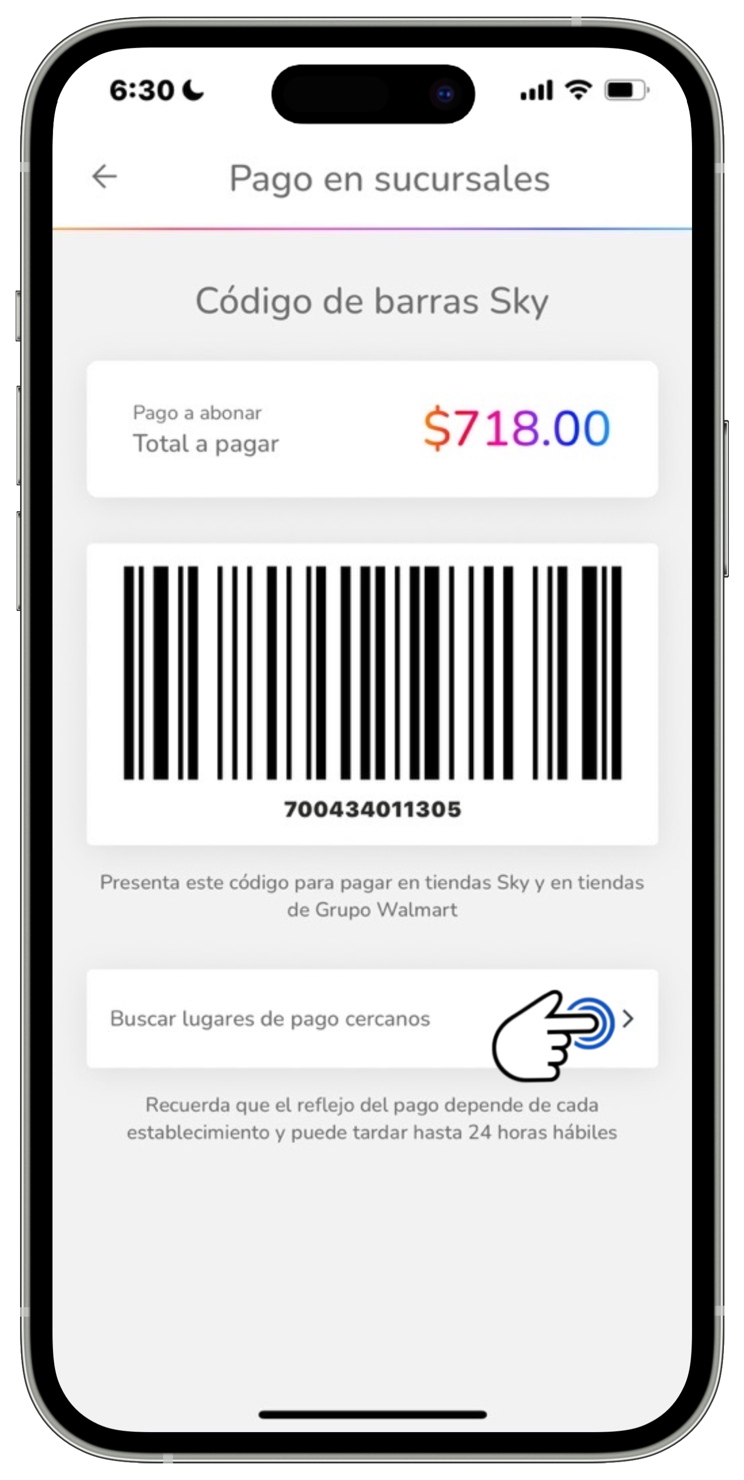 Mi App Sky - Facturación - Botón Pagos en sucursales - Código de barras - Lugares de pago.jpg