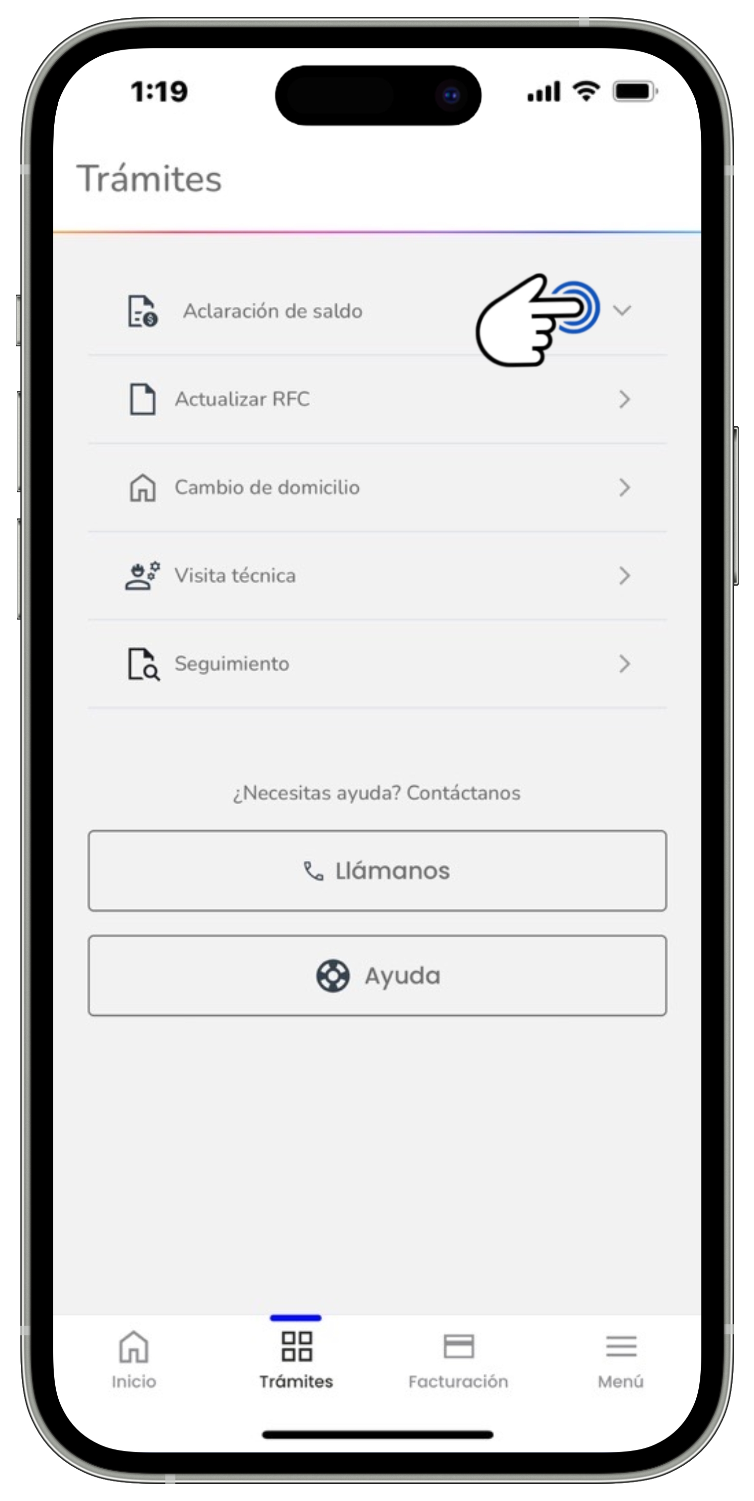 Mi App Sky - Trámites - Opción Aclaración de saldo seleccionada.jpg