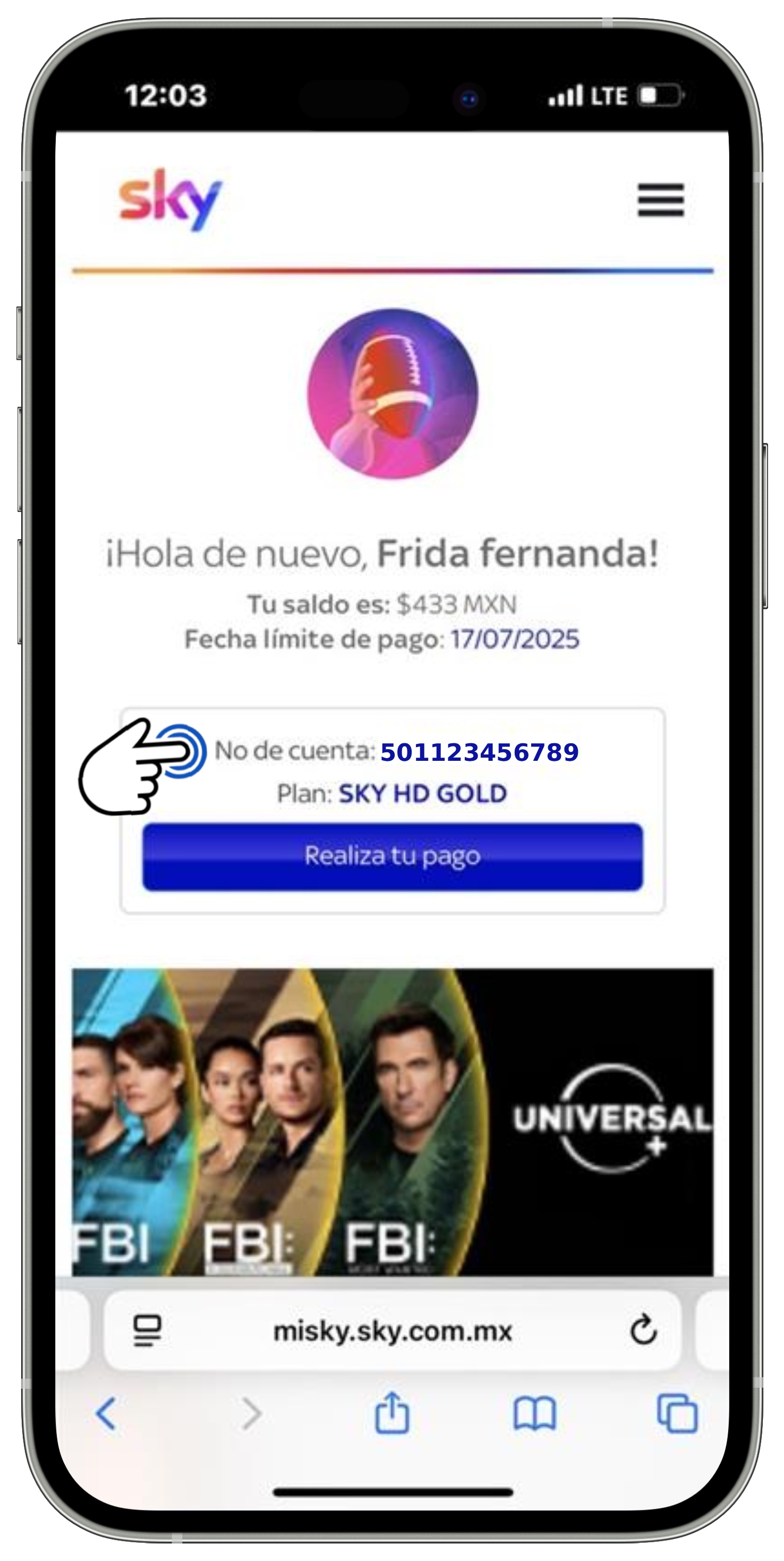 Mi Sky - Pantalla de inicio - Número de cuenta ficticio seleccionado.jpg