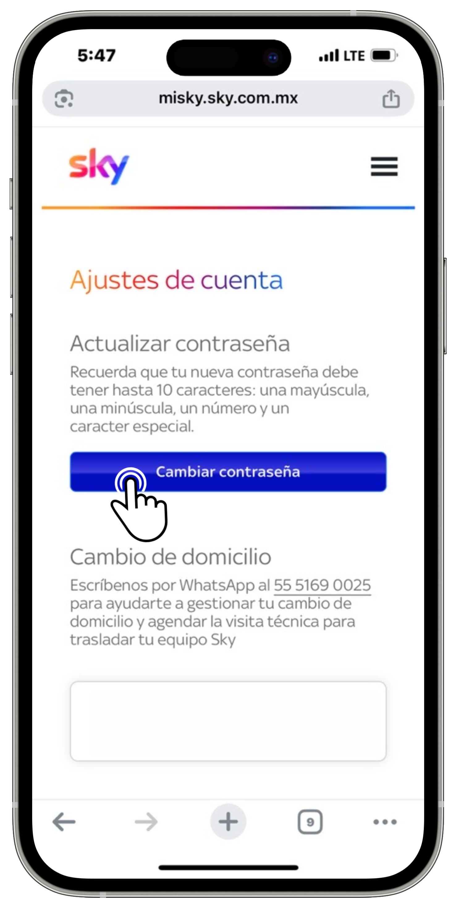 Mi Sky - Menú Mi Cuenta - Ajustes de cuenta - Botón Cambiar contraseña seleccionado.jpg