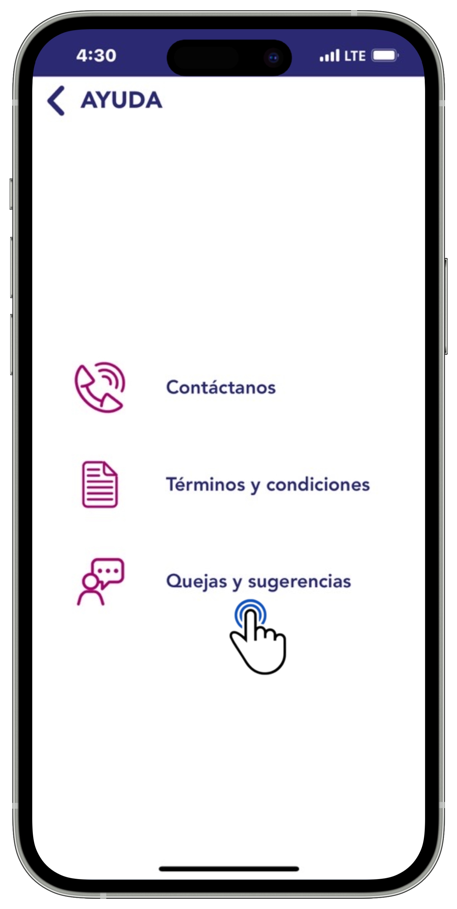 App BT - Menú Ayuda - Opción quejas y sugerencias seleccionado.jpg