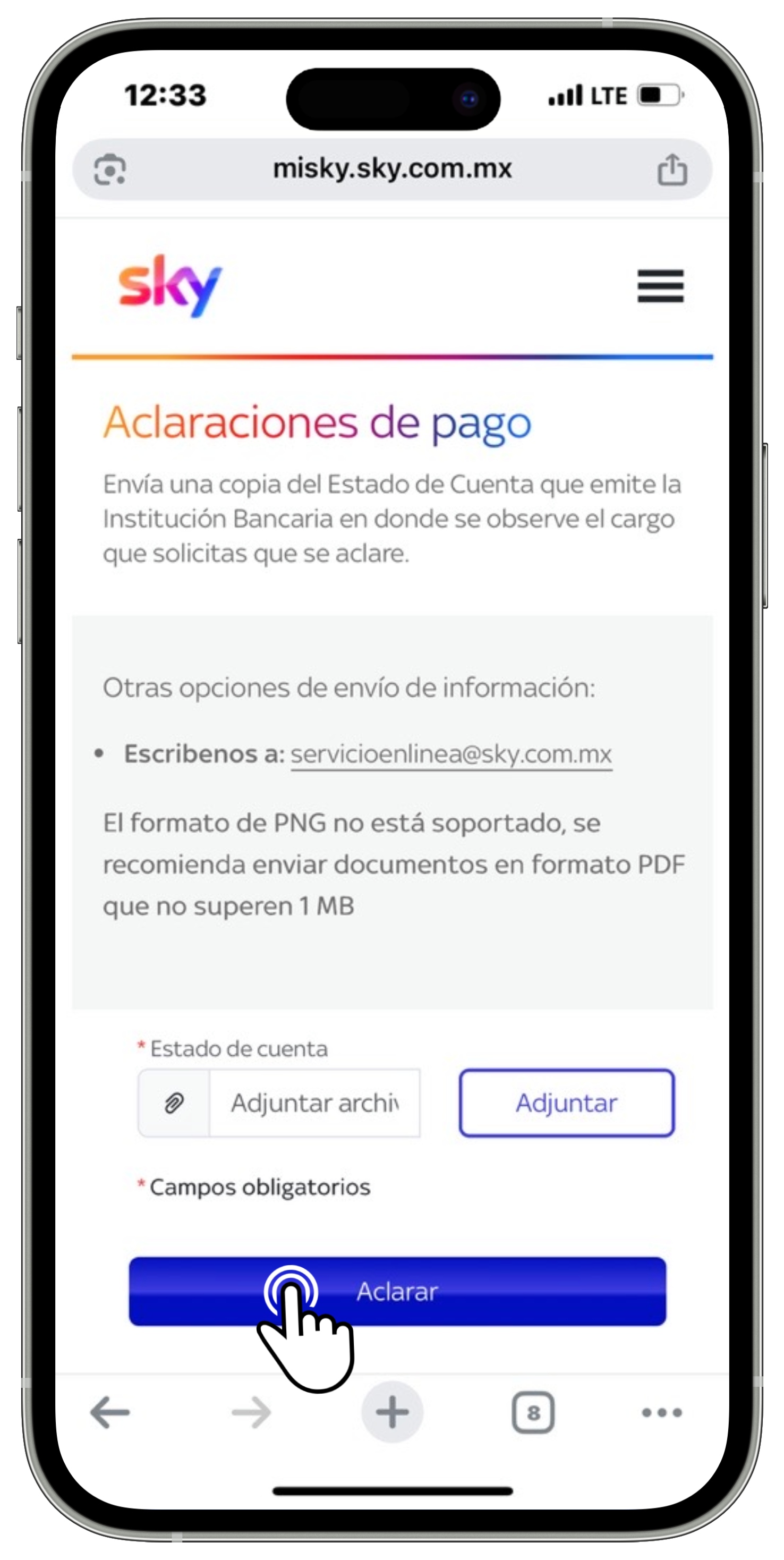 Mi Sky - Menú Mi cuenta - Opción Aclaraciones - Botón Aclarar seleccionado.jpg