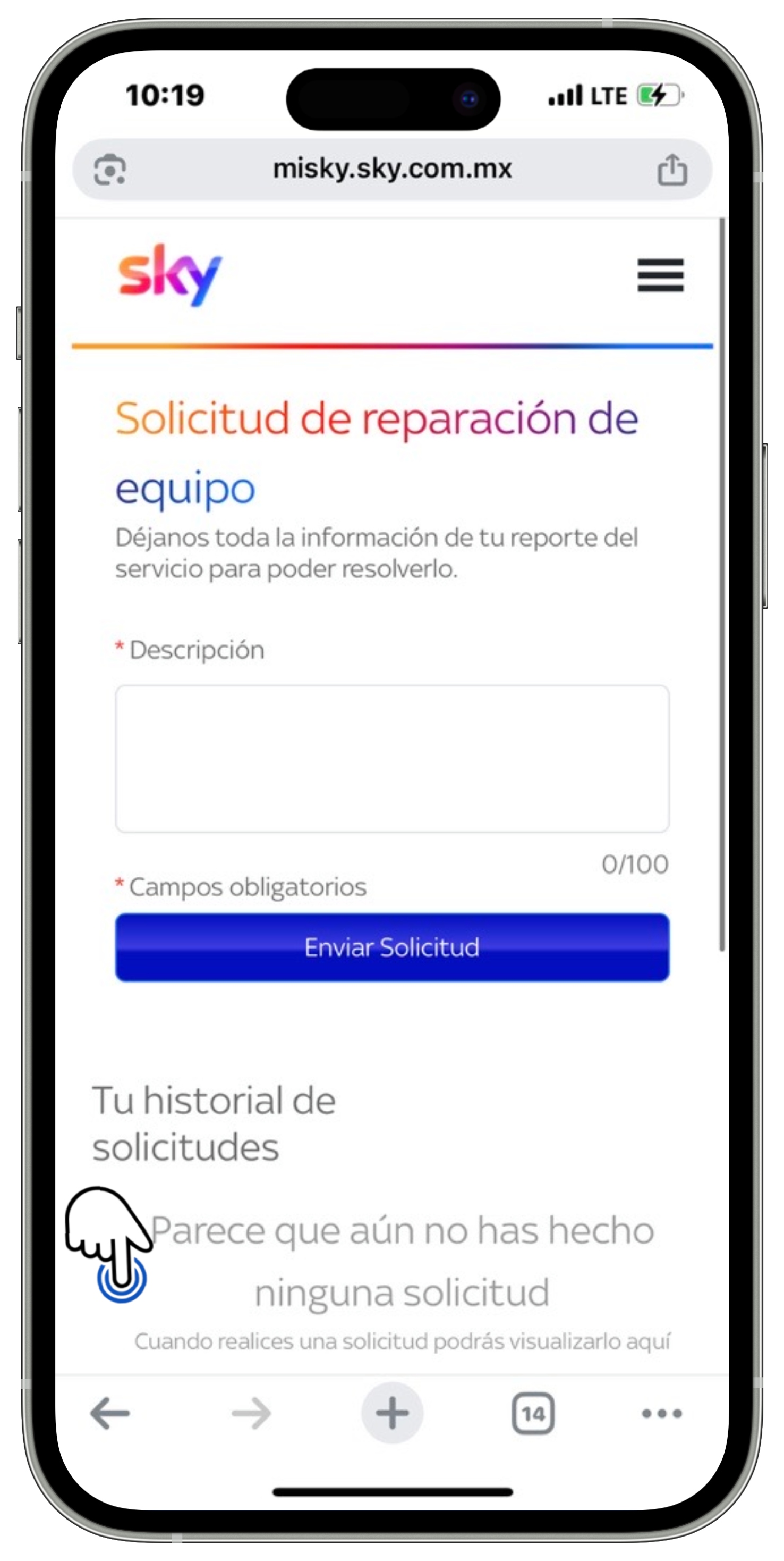 Mi Sky - Menú Mi Cuenta - Servicio técnico y cambio de domicilio - Pantalla para hacer solicitud.jpg