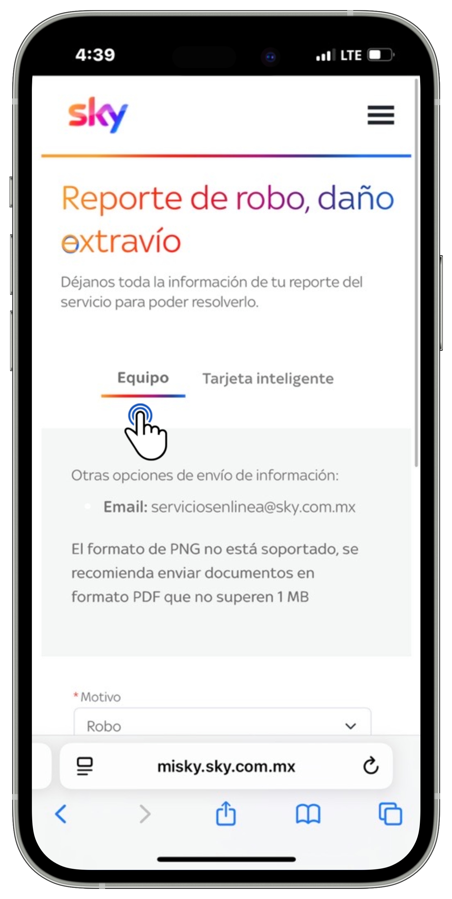 Mi Sky - Reporte de robo, daño o extravío - Equipo seleccionado.jpg