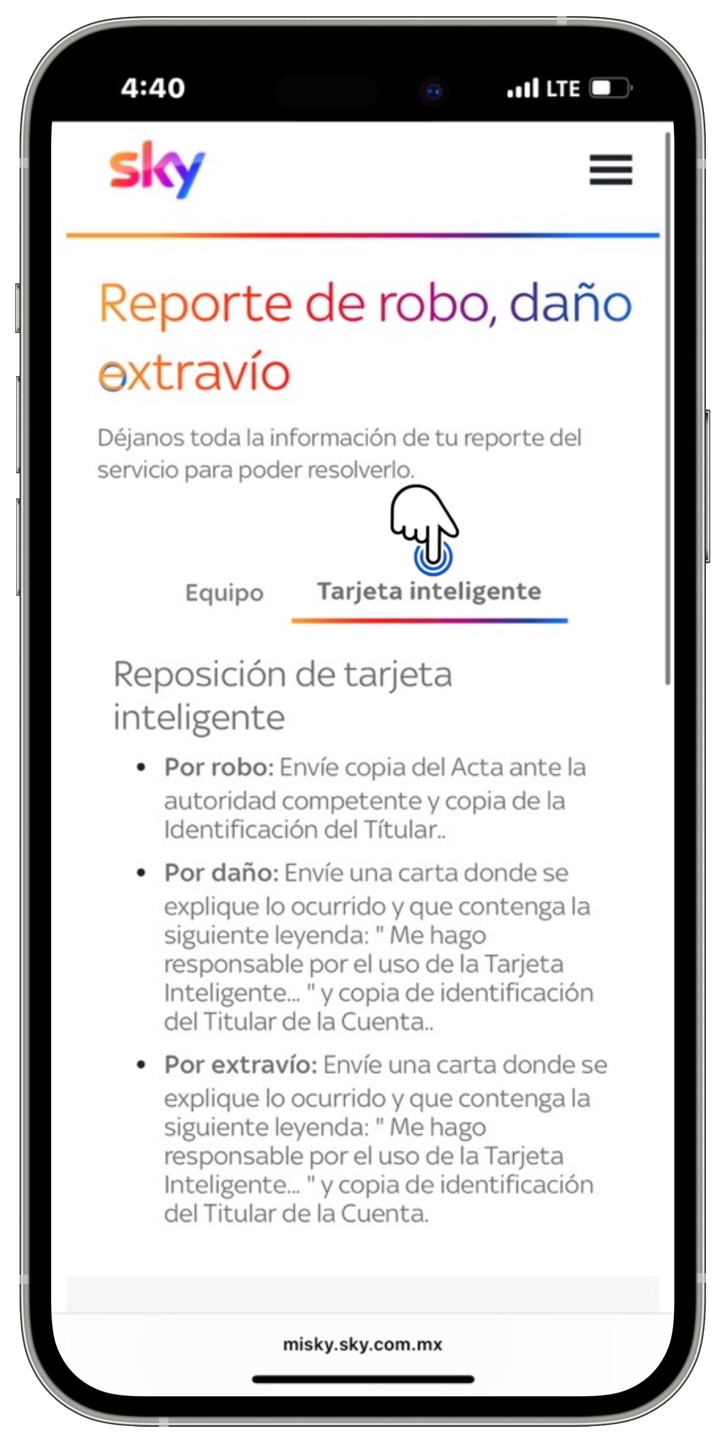 Mi Sky - Reporte de robo, daño o extravío - Tarjeta inteligente seleccionada.jpg