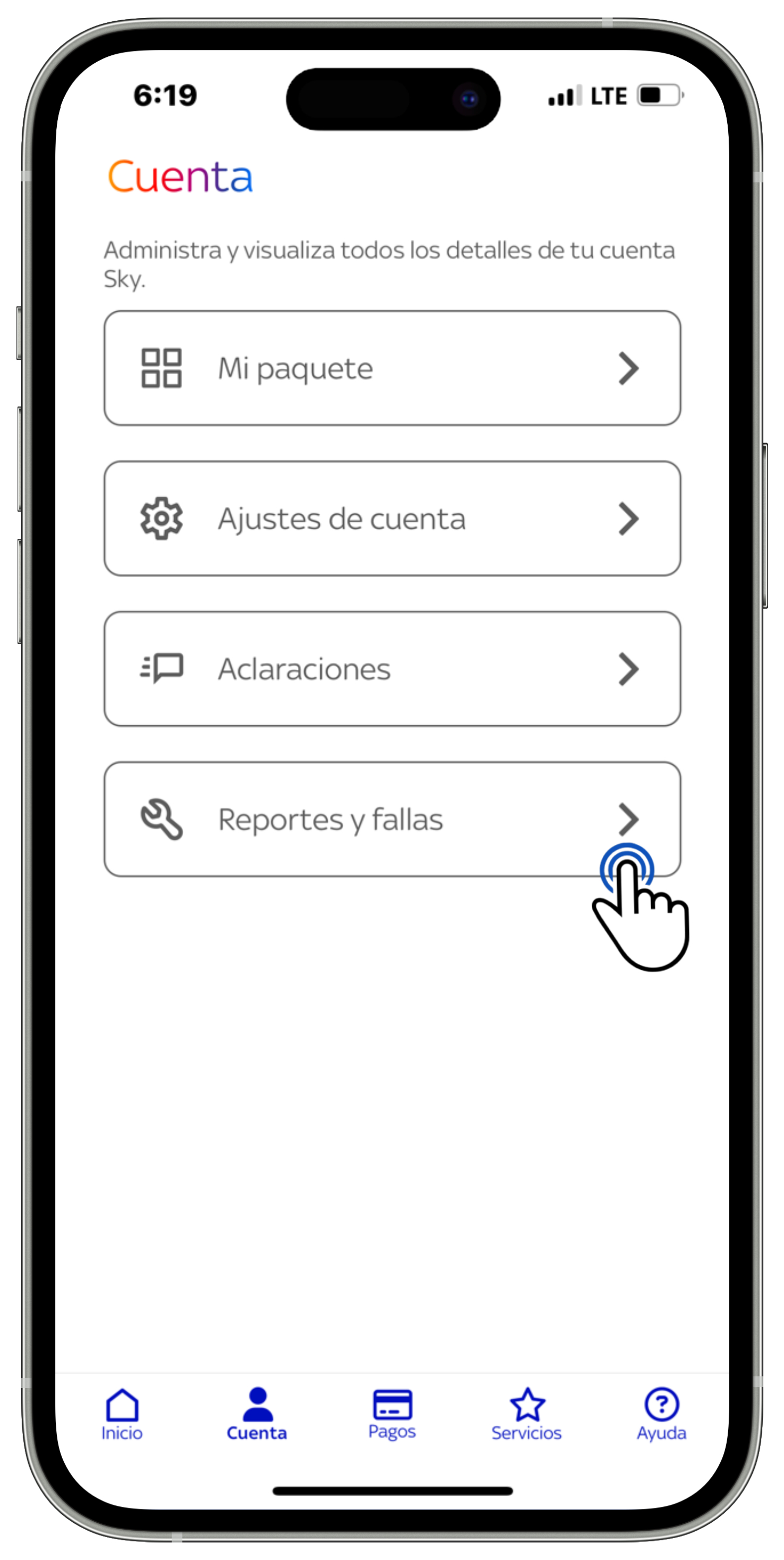 App Sky - Menú Cuenta - Opción Reportes y fallas seleccionada.jpg