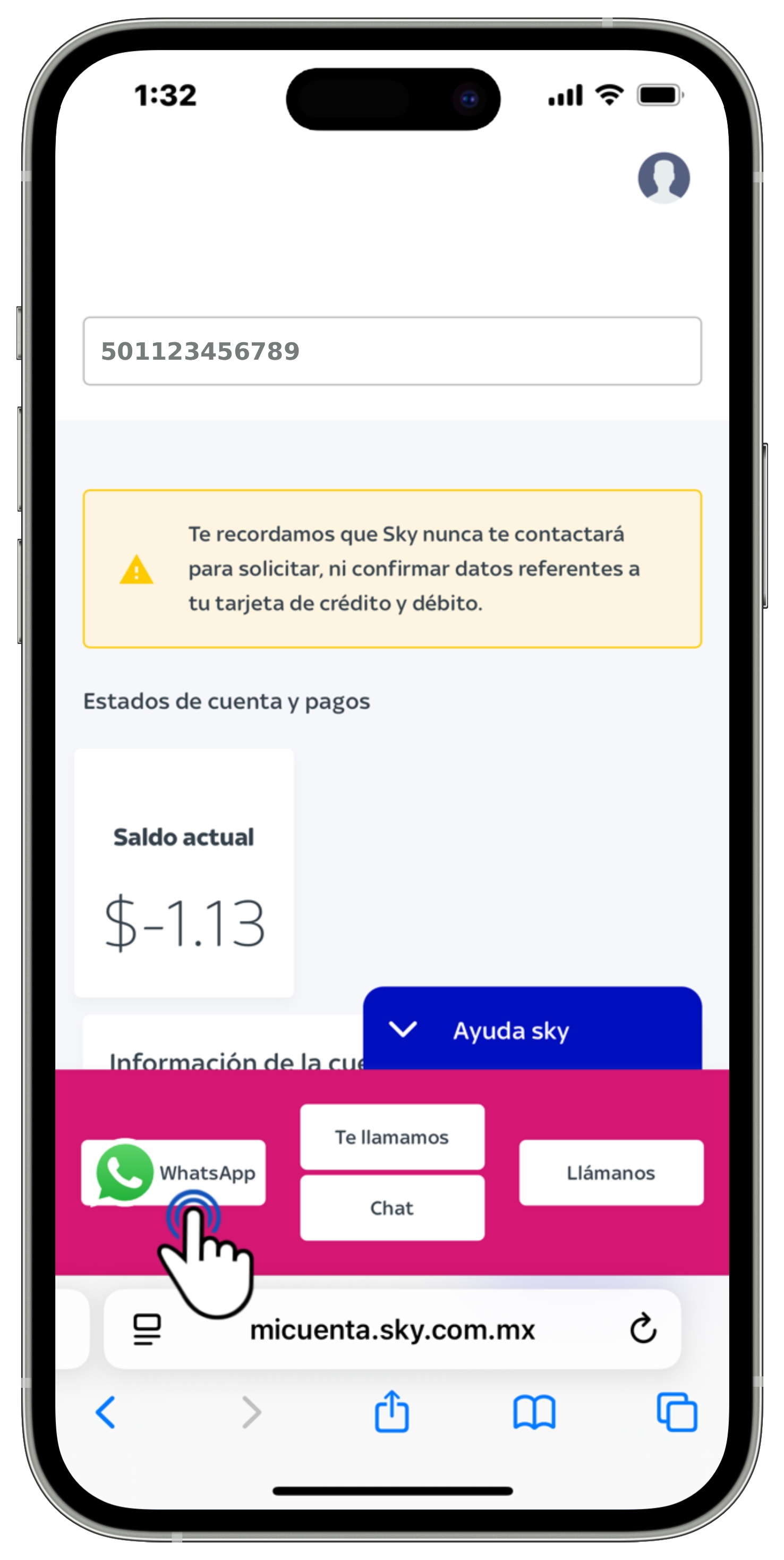 Mi cuenta Sky - Medios de contacto - Opción WhatsApp seleccionada.jpg