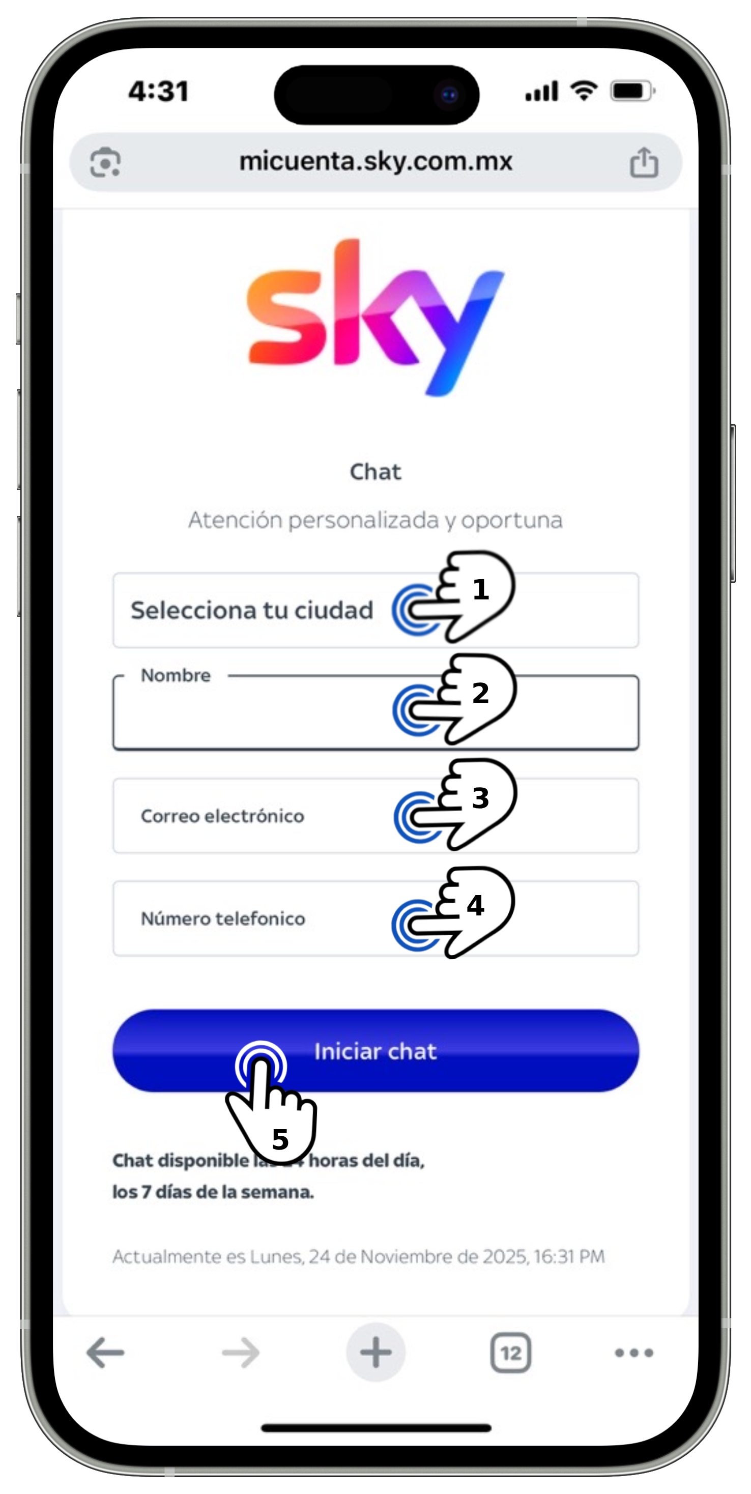 Mi cuenta Sky - Medios de contacto - Formulario para iniciar chat.jpg