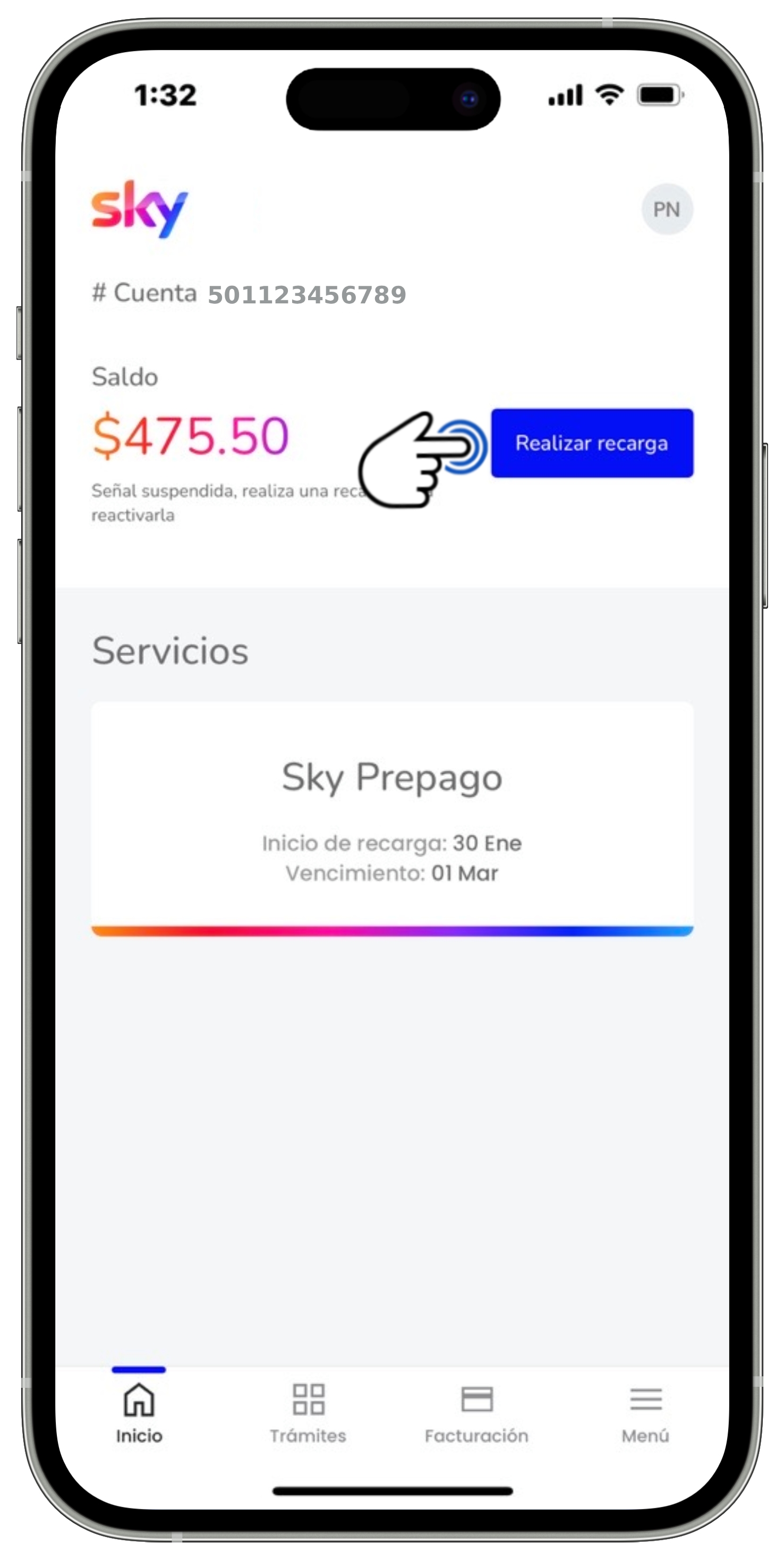 Mi App Sky - Pantalla de inicio - Botón realizar recarga seleccionado.jpg