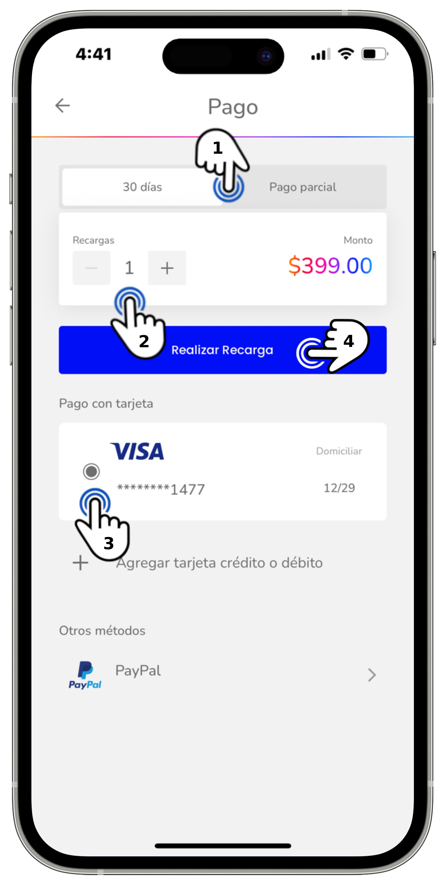 Mi App Sky - Apartado Pago - Botones seleccionados para hacer recarga.jpg